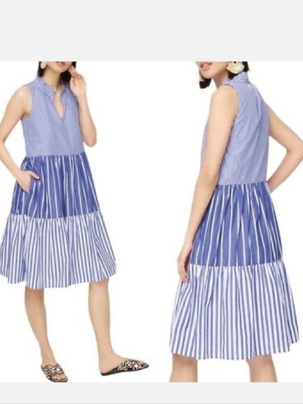 J Crew Blue & White Striped Sleeveless Tiered Dress - S